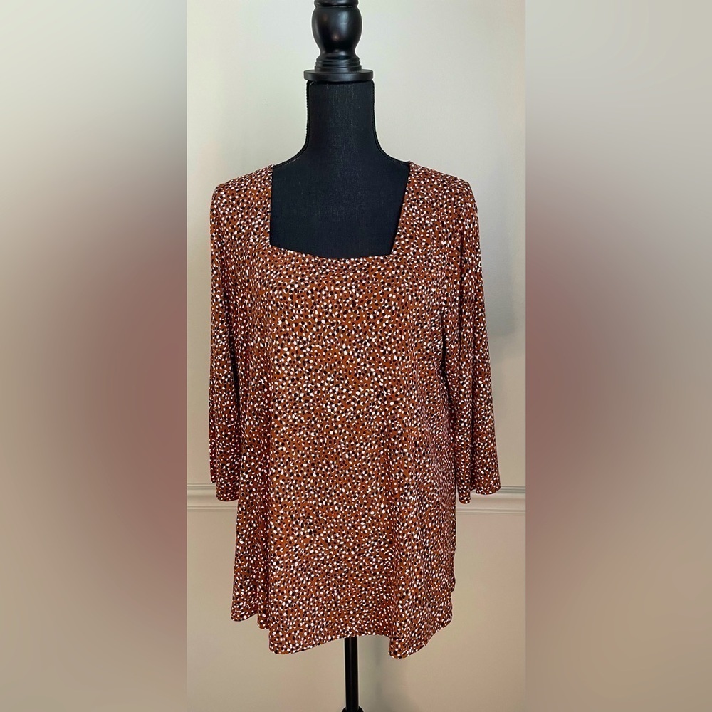 Susan Graver Brown Black White Square Neck Tunic Blouse Top Size LP